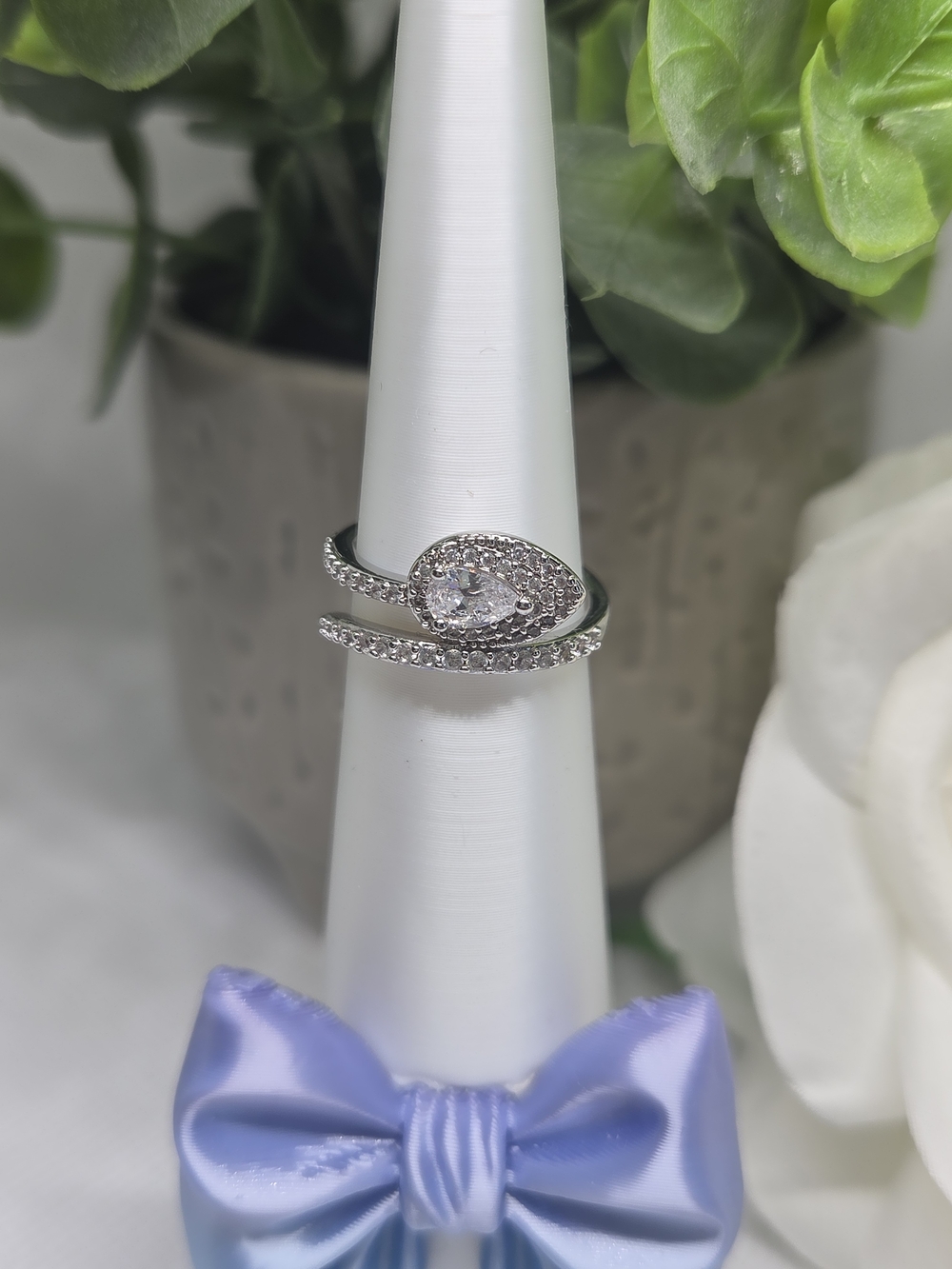 BP Teardrop Wrap Ring with Pavé CZ On Rhodium Plating